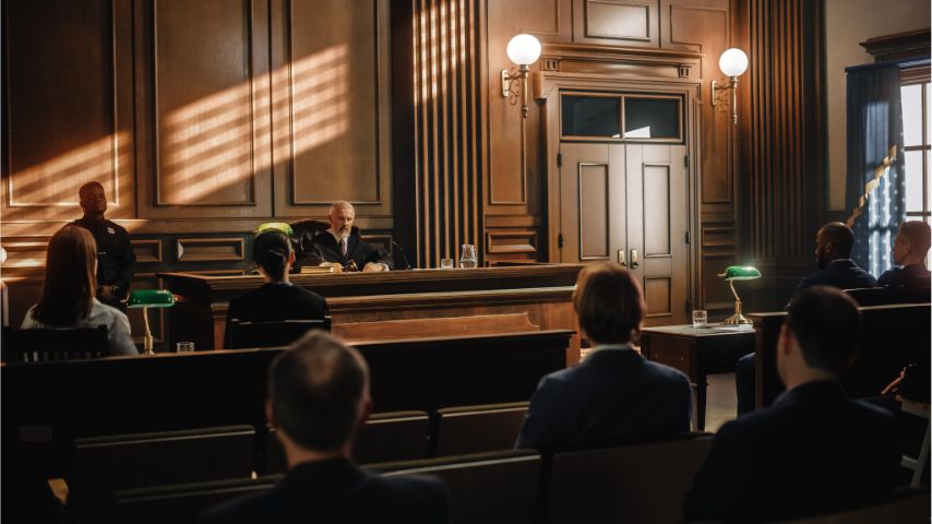 Judge is sitting in public stands for case hearing in courtroom