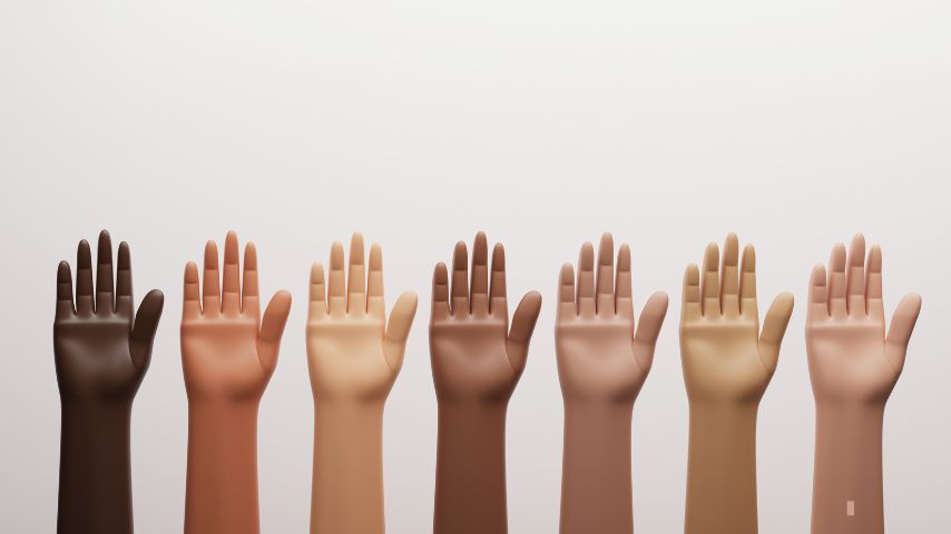 Multiracial people raise their hand for racial community unity