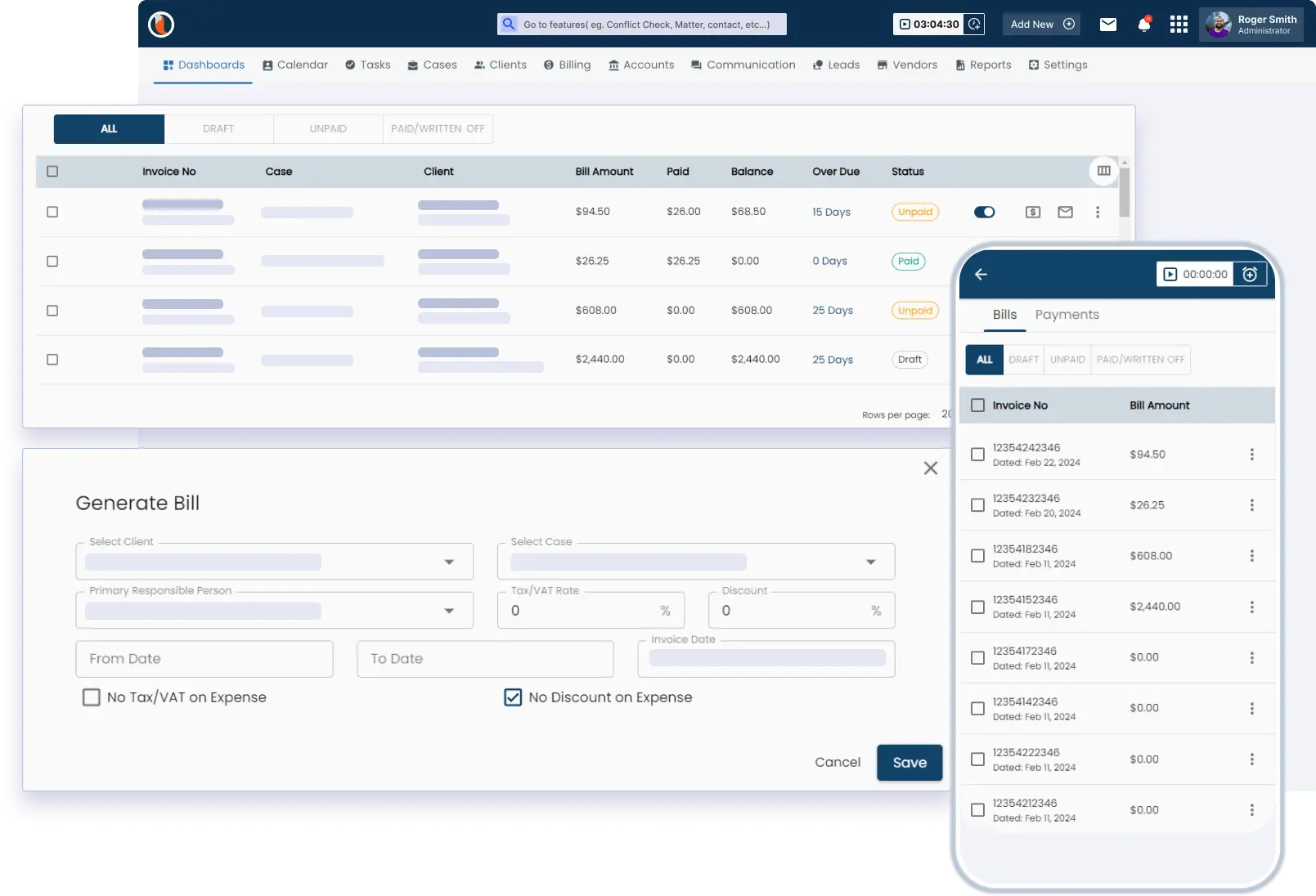 CaseFox legal time and billing software dashboard